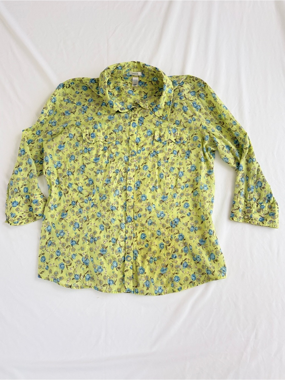 Vintage Old Navy Floral Pearl Snap Shirt XL Green Blue Cottagecore Y2K Cowgirl